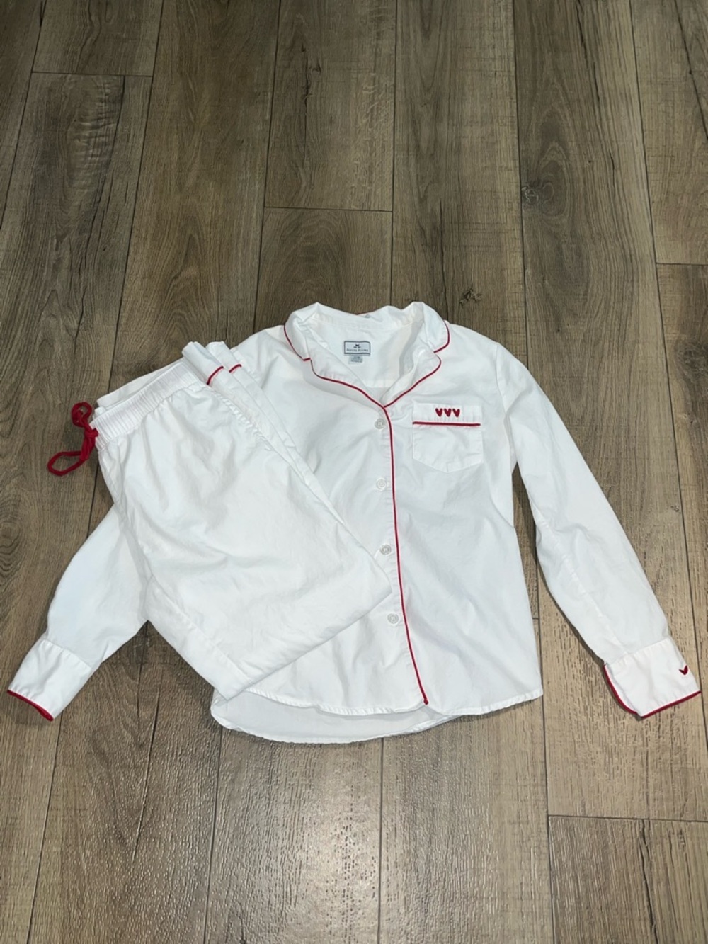 Petite Plume Women’s XS Romantic Twill Pajama Set in White with Red Piping